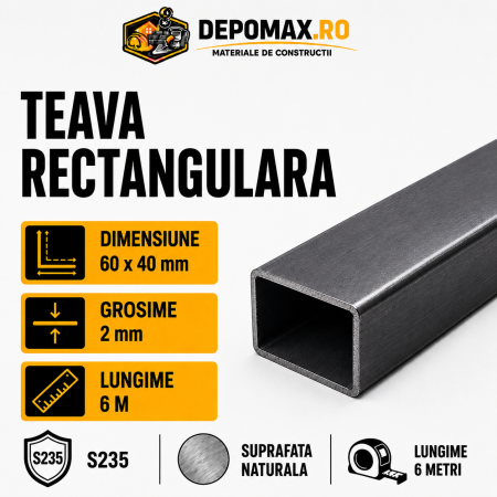 Teava rectangulara 60 x 40 x 2 mm, 6 metri